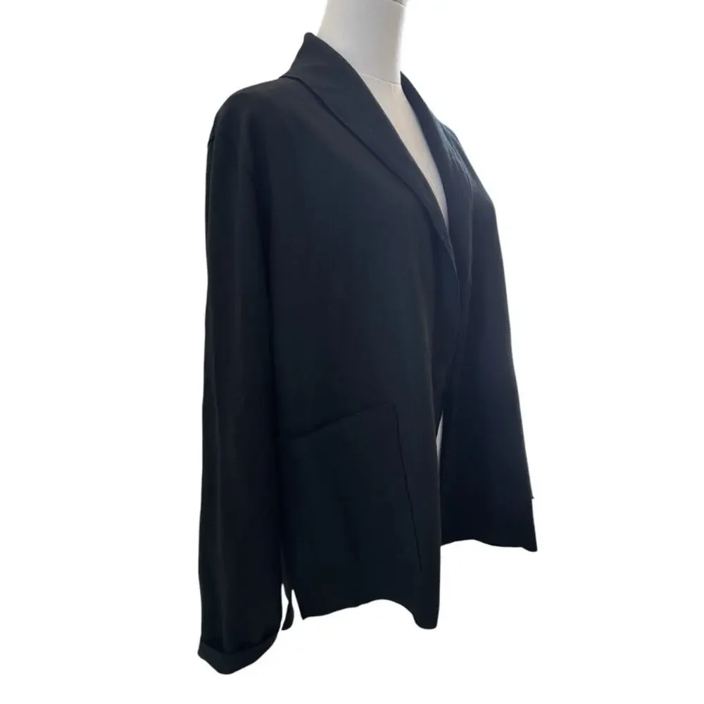 Eileen Fisher 100% Wool Black Open Front Blazer Jacket Coat XS Classic Minimal